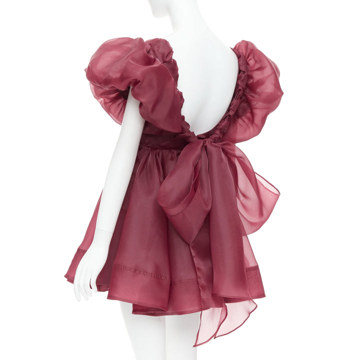 AJE Greta maroon burgundy organza puff sleeve mini dress UK6 XS