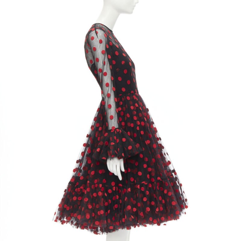 DOLCE GABBANA black red polka dot embroidered tulle flared dress IT40 S