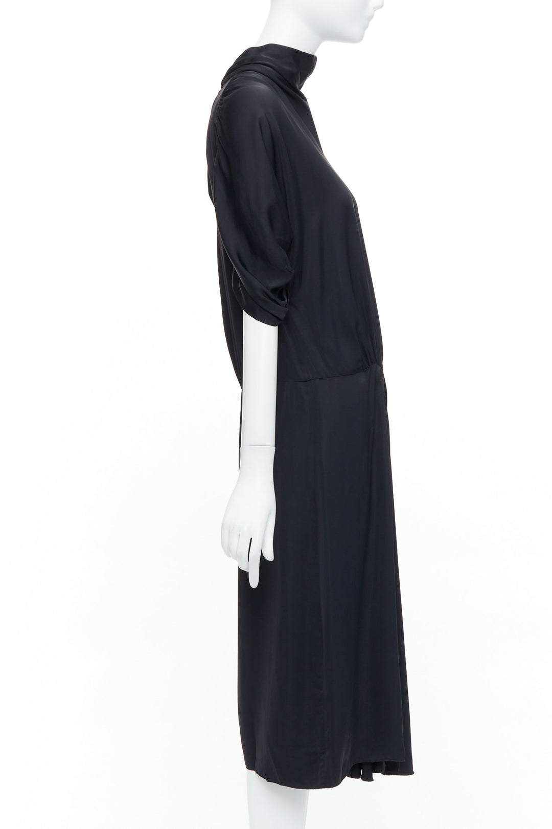 PRADA 2006 black viscose box pleat front ruched sleeves midi dress