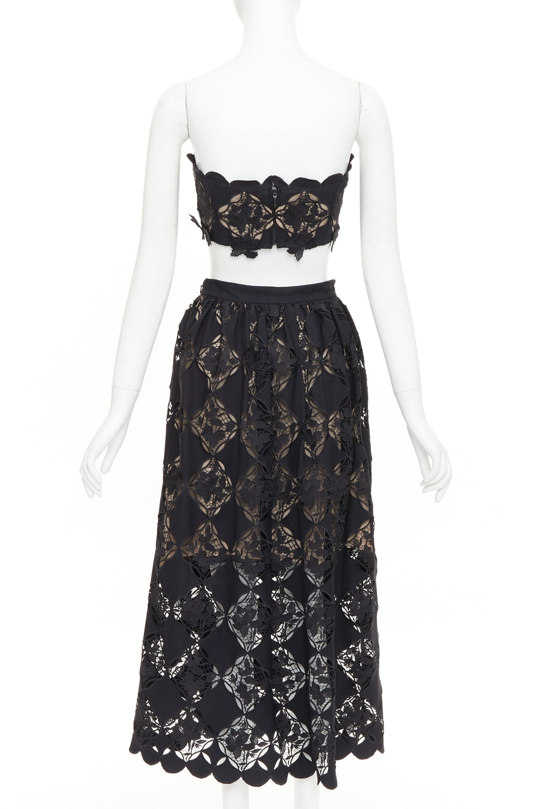 OSCAR DE LA RENTA PS24 black Gardenia Guipure lace top skirt dress set US0 XS