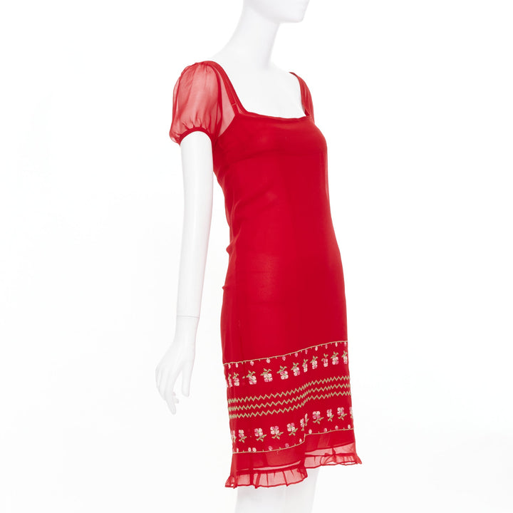 JILL STUART red sheer silk embroidered puff sleeve square neck mini dress US2 S