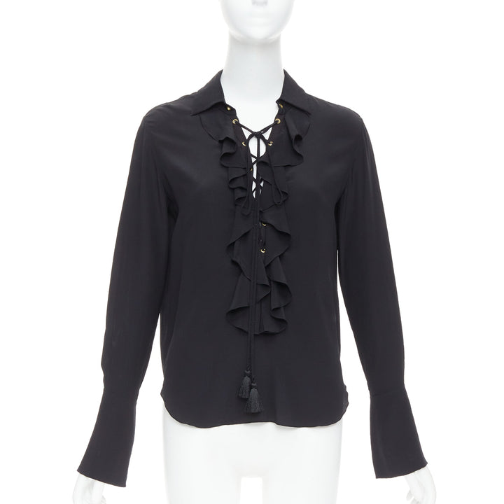 CHLOE 100% silk black ruffle trim lace up bohemian blouse shirt FR36 S