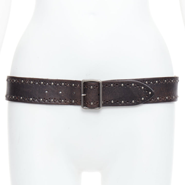 SAINT LAURENT brown leather silver studs eyelet buckle belt 85cm