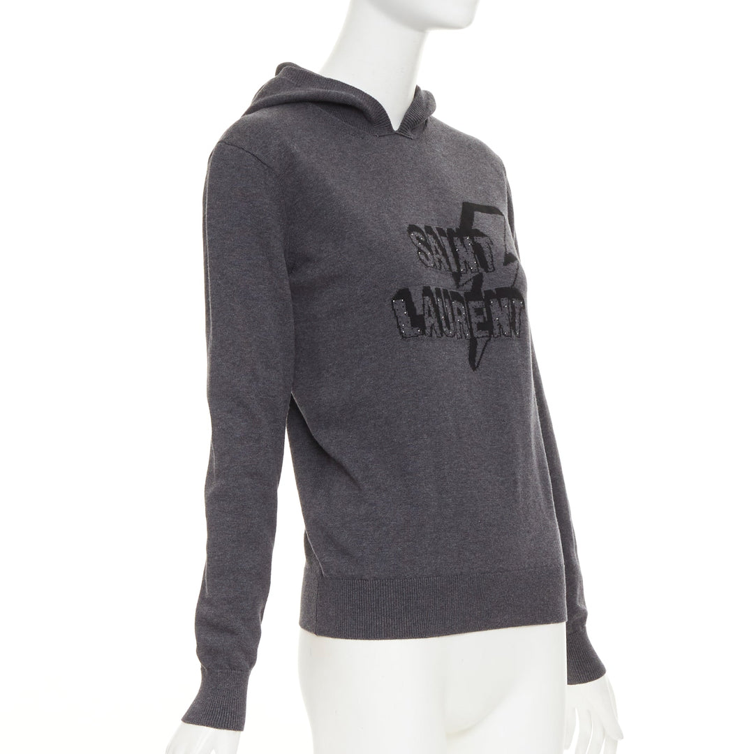 SAINT LAURENT 2017 Eclair Lightning Bolt grey black logo stud hooded sweater XS