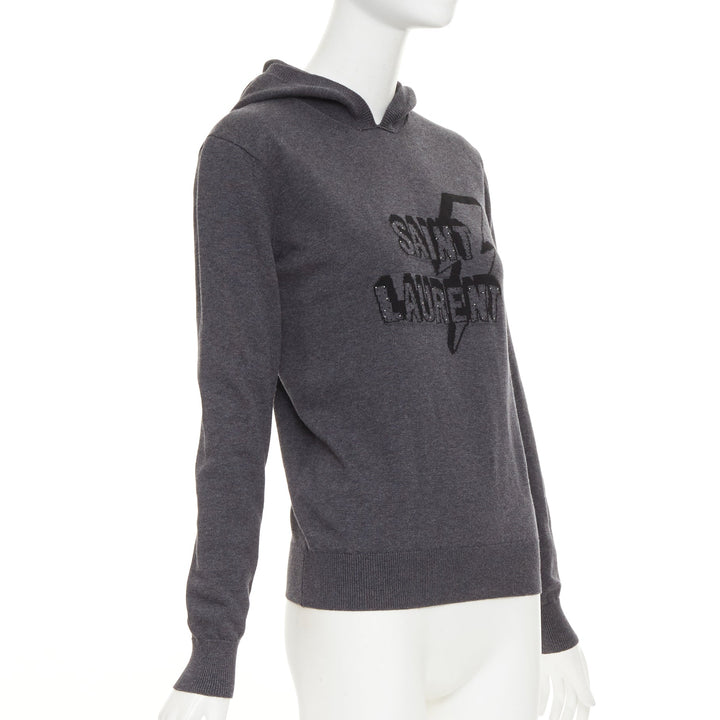 SAINT LAURENT 2017 Eclair Lightning Bolt grey black logo stud hooded sweater XS