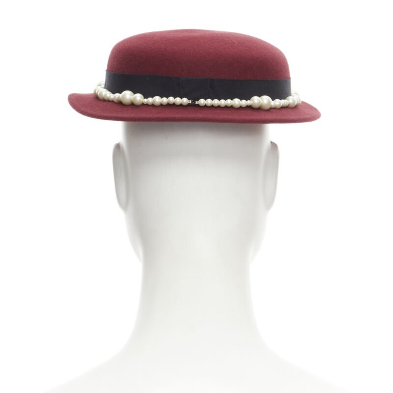 MAISON MICHEL Melanie Pearles burgundy red wool felt topper fedora hat 54cm