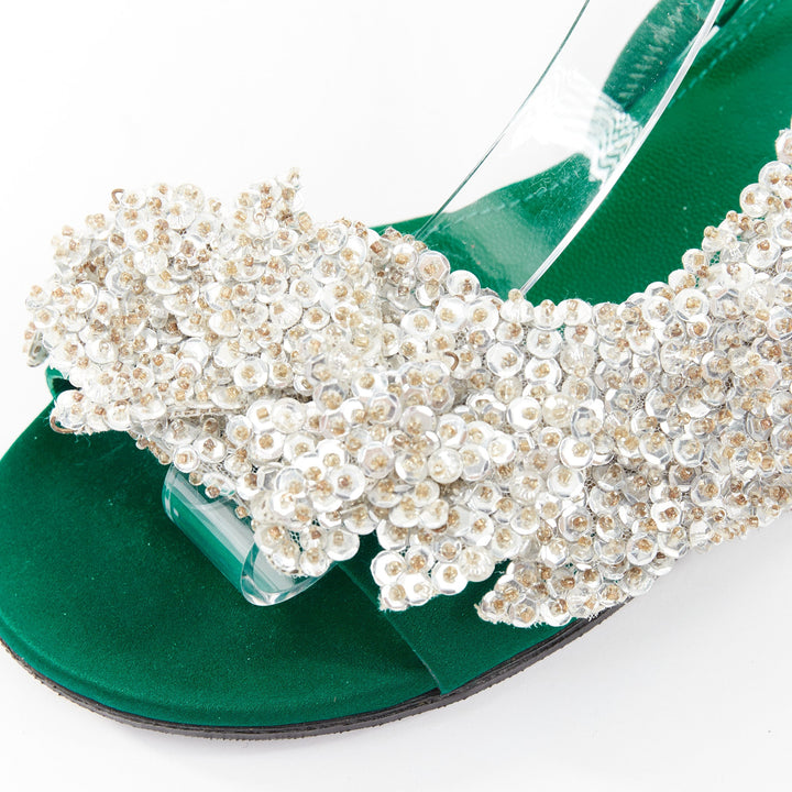 BALENCIAGA 2017 Tess emerald green satin silver sequin open toe flat sandal EU37