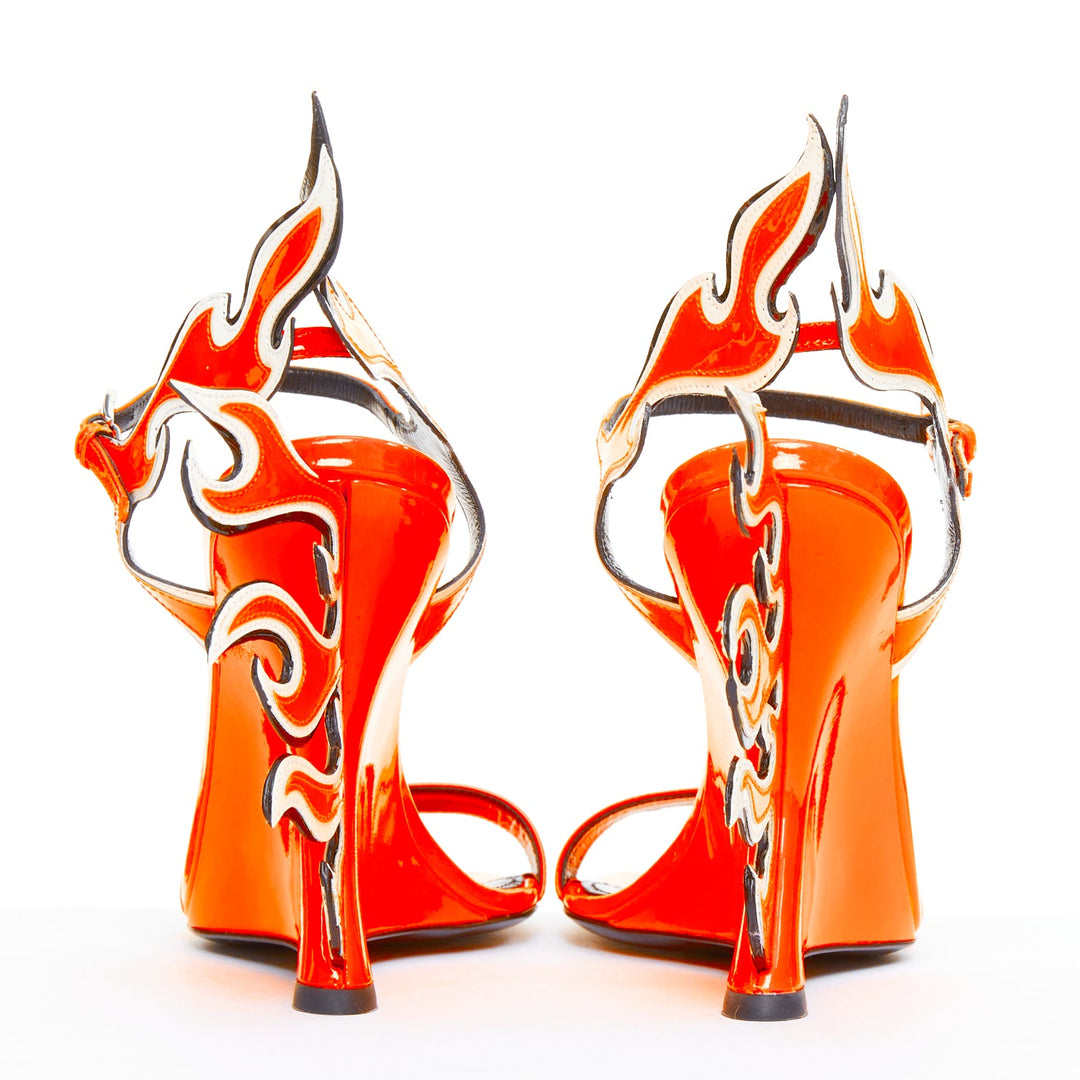 rare PRADA 2018 Flame Wedge neon orange patent Fire heel sandal EU37.5