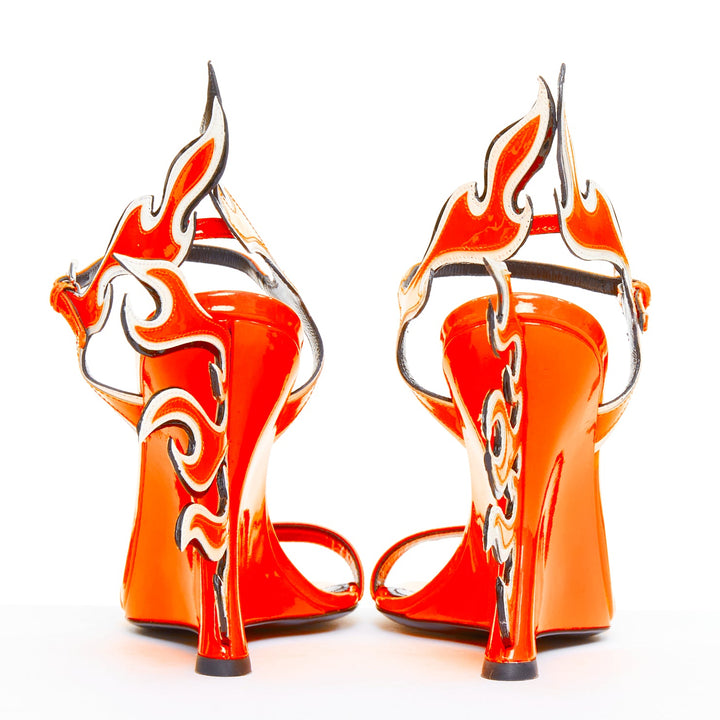 rare PRADA 2018 Flame Wedge neon orange patent Fire heel sandal EU37.5