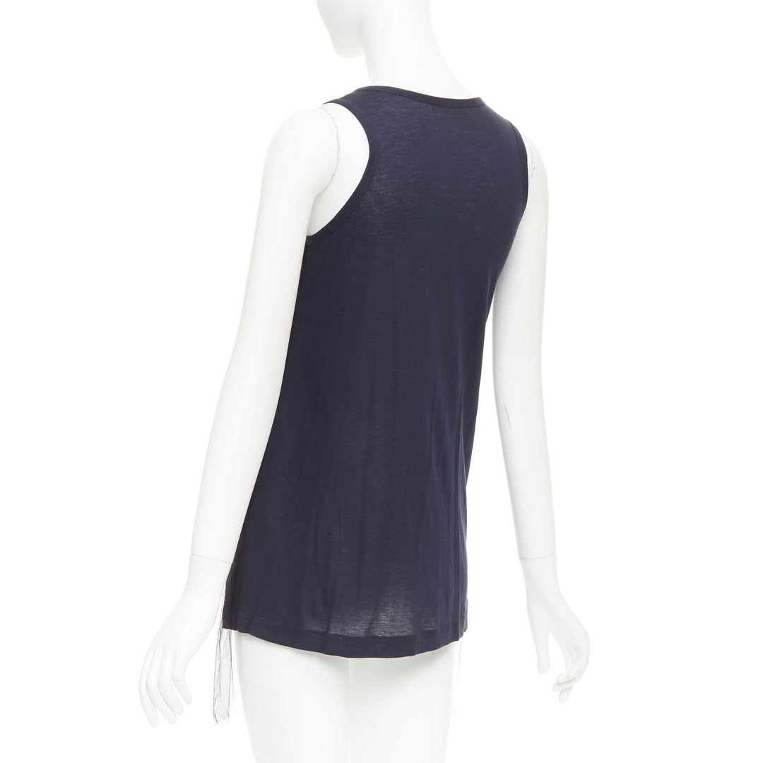 VERA WANG navy cotton silk sheer overlay paillette beaded scoop tank top S