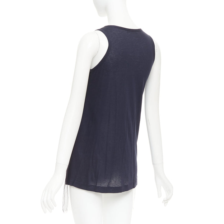 VERA WANG navy cotton silk sheer overlay paillette beaded scoop tank top S