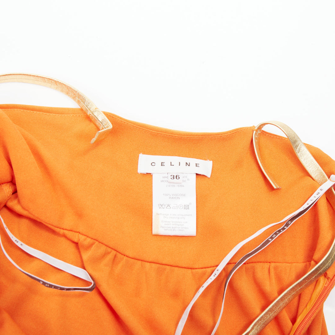 CELINE Vintage orange gold leather trim halter viscose apparel dress FR36 S