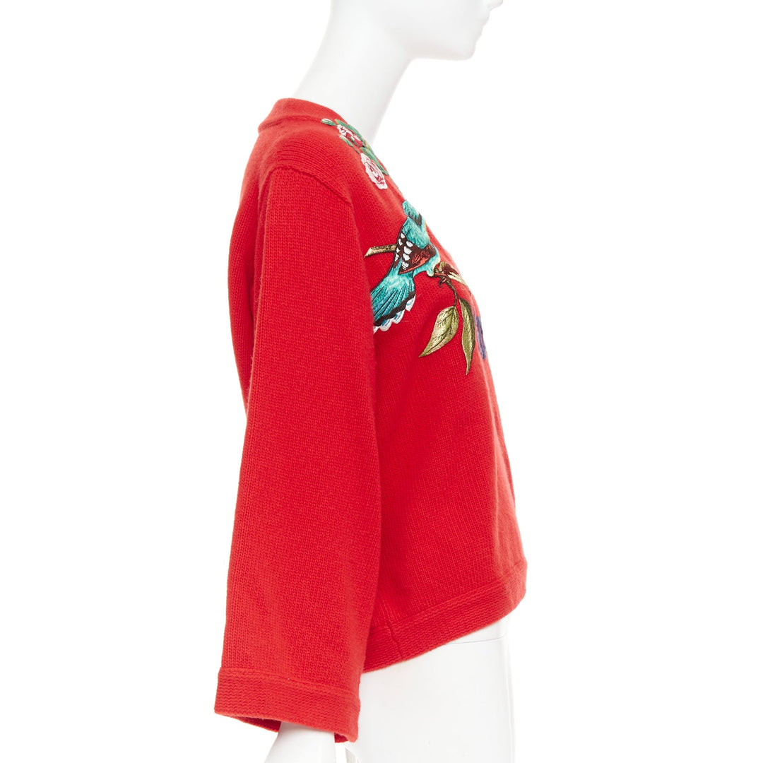 GUCCI 2017 Runway red wool Loved Bird floral embroidered  red wool sweater S