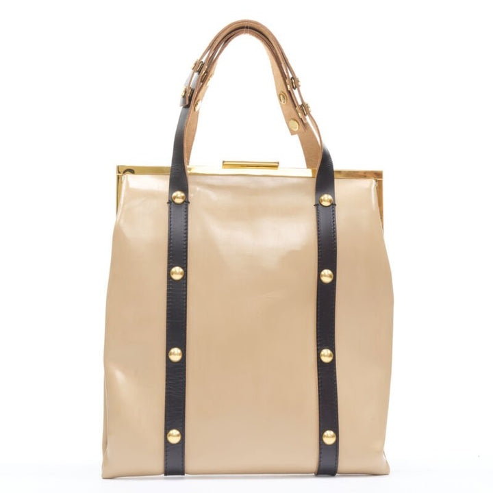 MARNI brown latex PVC gold stud leather trim metal frame tote bag