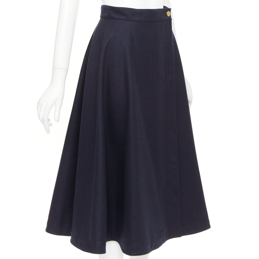 CELINE navy wool felt gold crest button wrap high waist midi skirt FR36 S