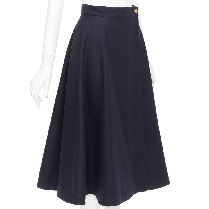 CELINE navy wool felt gold crest button wrap high waist midi skirt FR36 S