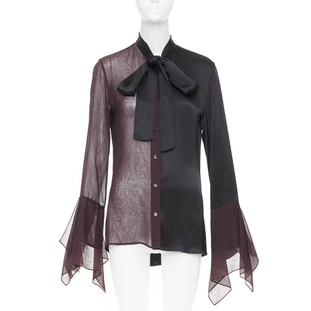 LOEWE asymmetric mixed media black sheer burgundy pussy bow blouse IT36