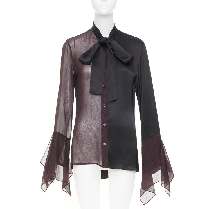 LOEWE asymmetric mixed media black sheer burgundy pussy bow blouse IT36