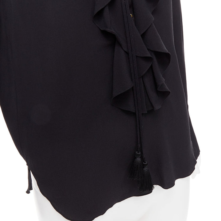 CHLOE 100% silk black ruffle trim lace up bohemian blouse shirt FR36 S