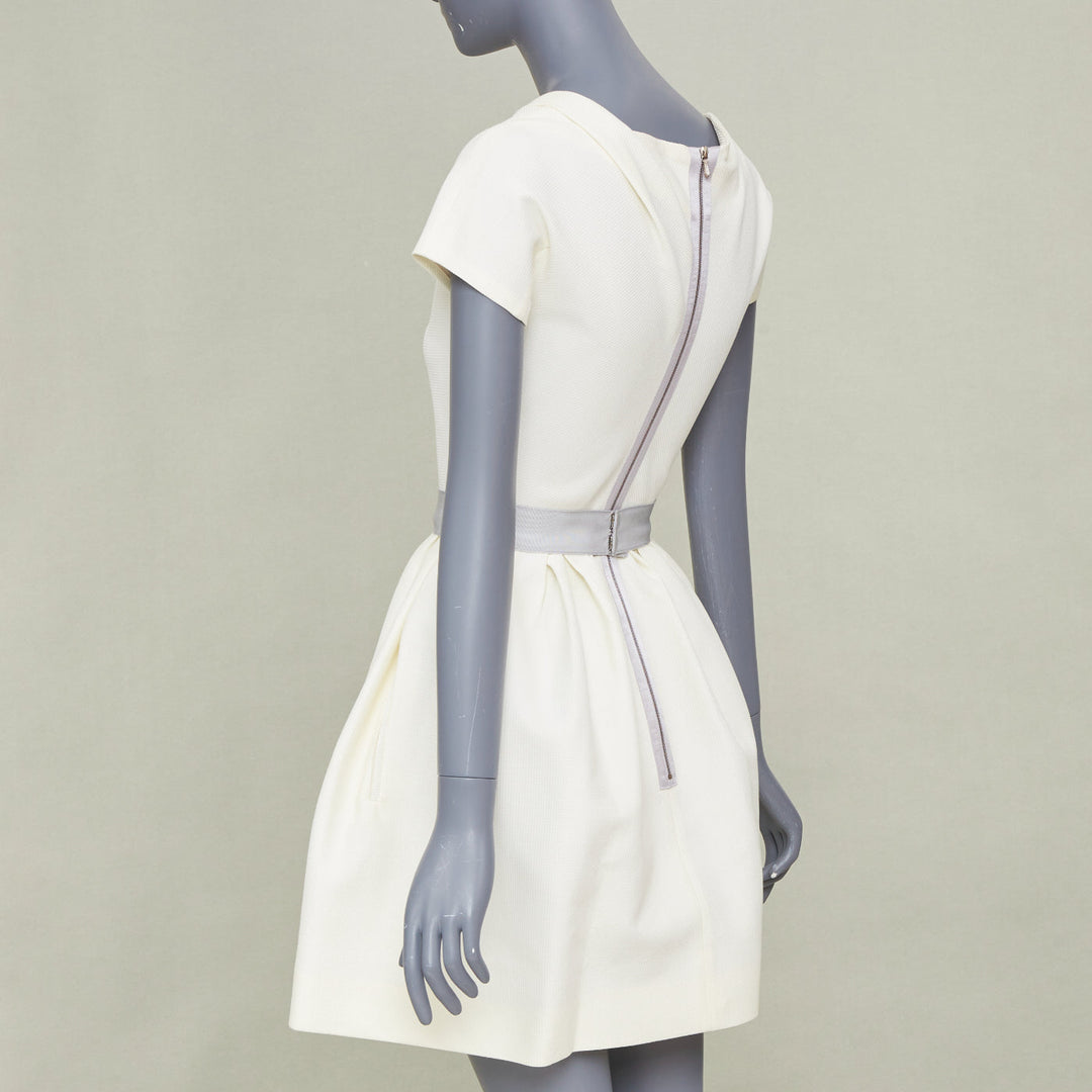 VICTORIA BECKHAM 2010 N91 cream origami fold grey belted cotton dress UK6 XS