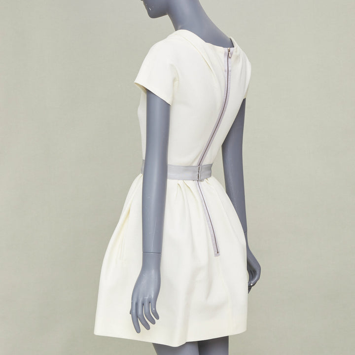 VICTORIA BECKHAM 2010 N91 cream origami fold grey belted cotton dress UK6 XS