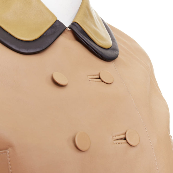 MARNI brown leather green black dup collar cropped double breast jacket IT36 XXS