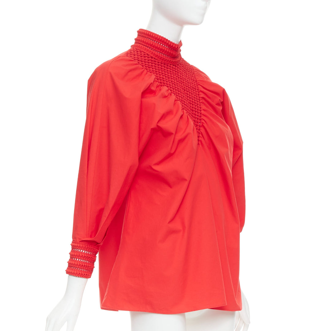 FENDI 2016 Runway red cotton silk ruched knot weave collar peasant top IT38 XS