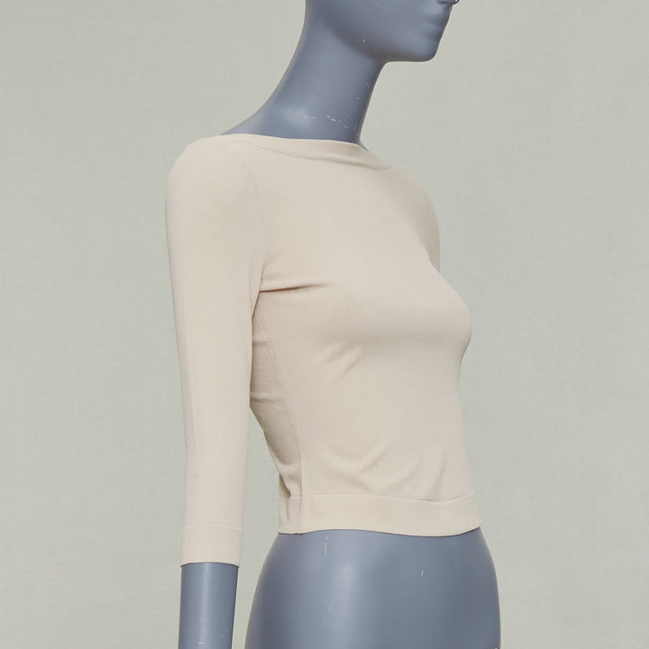 ALAIA light nude viscose blend cropped sleeved bateau neck sweater FR36 S