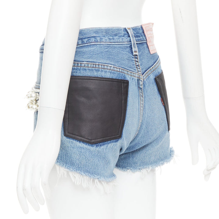 rare MIU MIU LEVI'S 2021 washed denim pearl embellished cut off shorts 25"