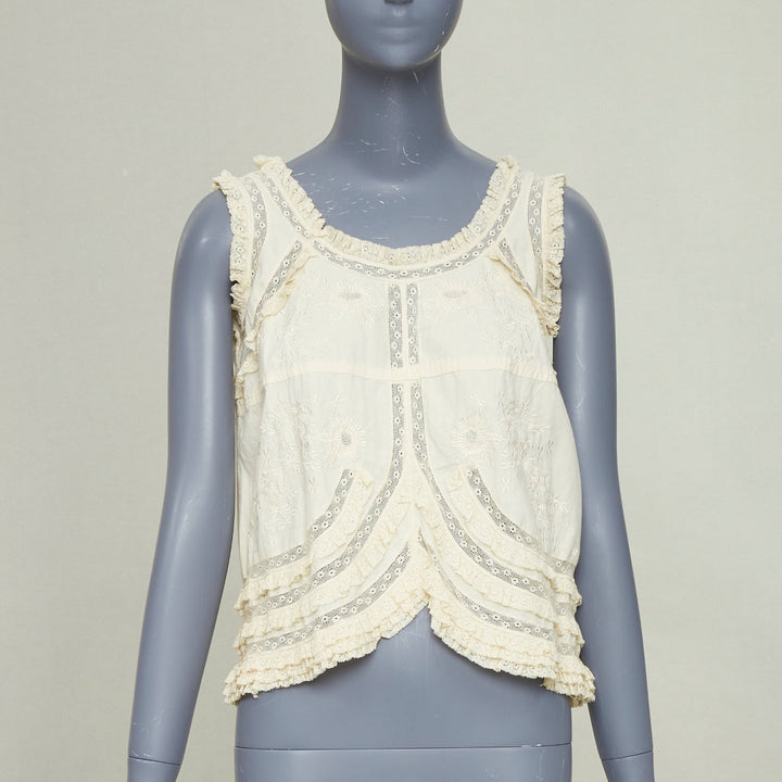 ANNA SUI Vintage cream embroidered floral eyelet lace ruffle peasant top US2 S