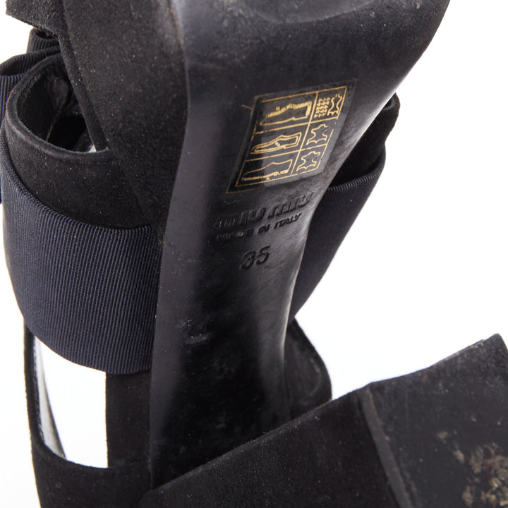 MIU MIU black suede grosgrain origami bow chunky platform heels EU35