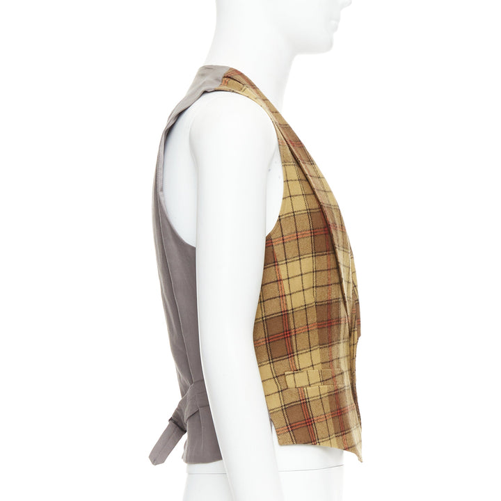 DRIES VAN NOTEN brown red plaid 100% wool shawl collar waistcoat IT48 M