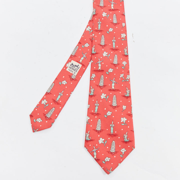 HERMES 7577 SA red green Thailand Pagoda Floral print silk tie