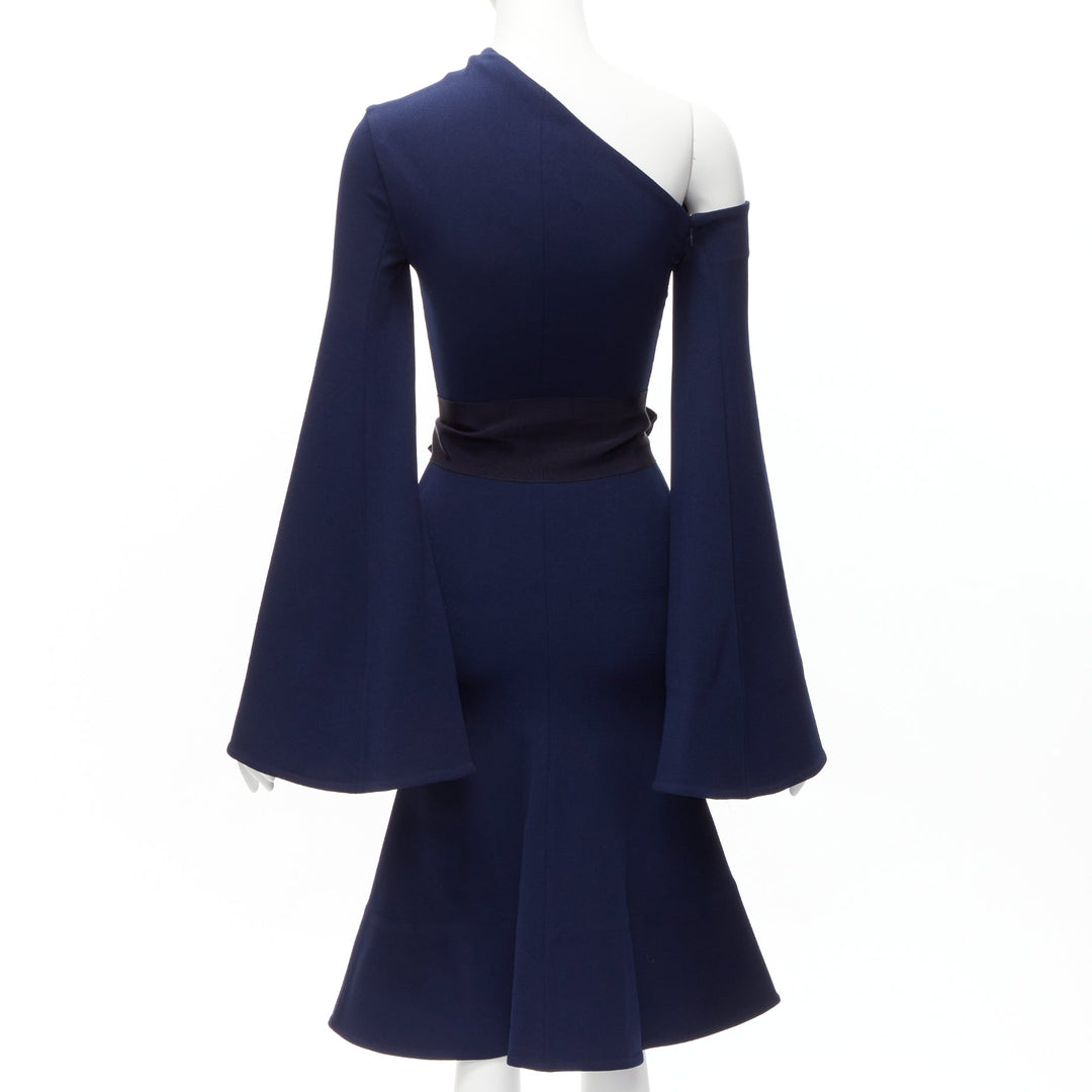 SOLACE LONDON Haso navy blue asymmetric stretch crepe bell sleeves dress UK4 XXS