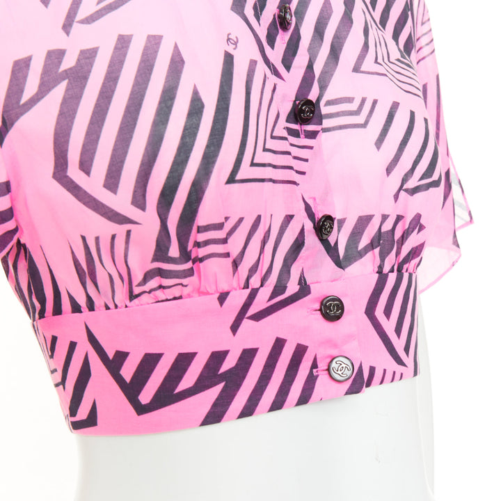 CHANEL 2023 Coco Beach pink cc geometric star graphic button crop shirt FR34