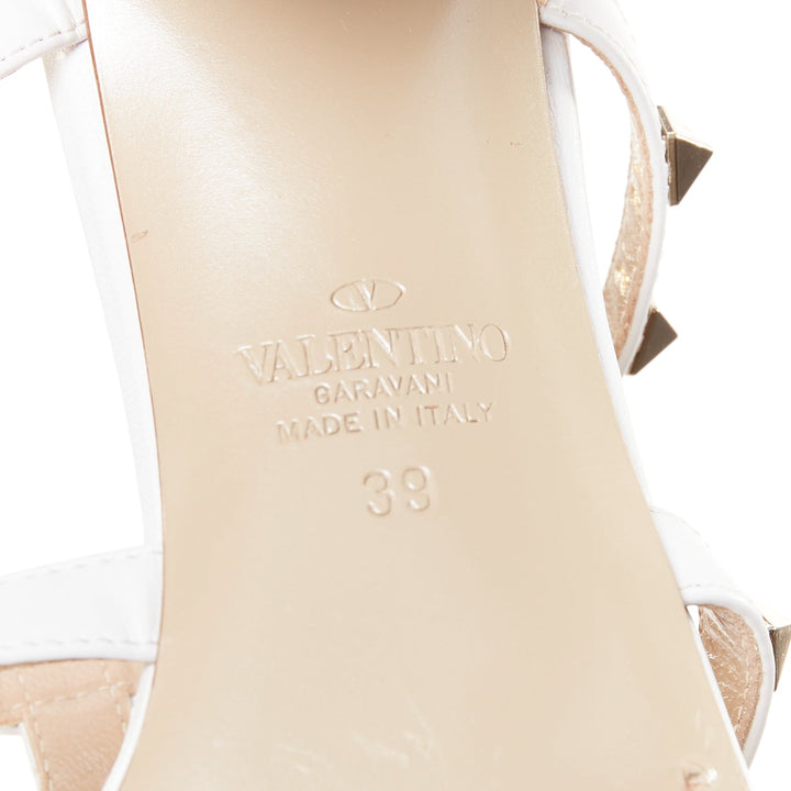 VALENTINO Rockstud 60 white leather gold stud caged block sandals EU39
