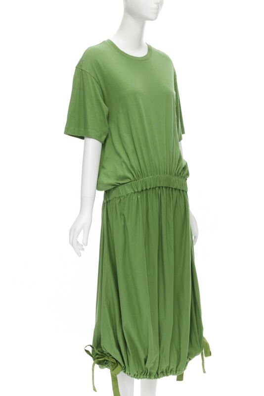 MARNI green cotton waist grosgrain bow drawstring hem t-shirt dress IT38 XS