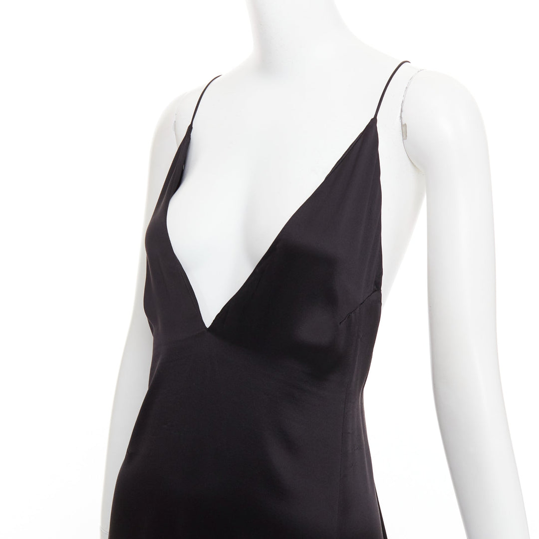 SAINT LAURENT 2022 black 100% silk plunge V neck open back high slit gown FR38 M