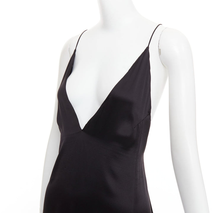 SAINT LAURENT 2022 black 100% silk plunge V neck open back high slit gown FR38 M