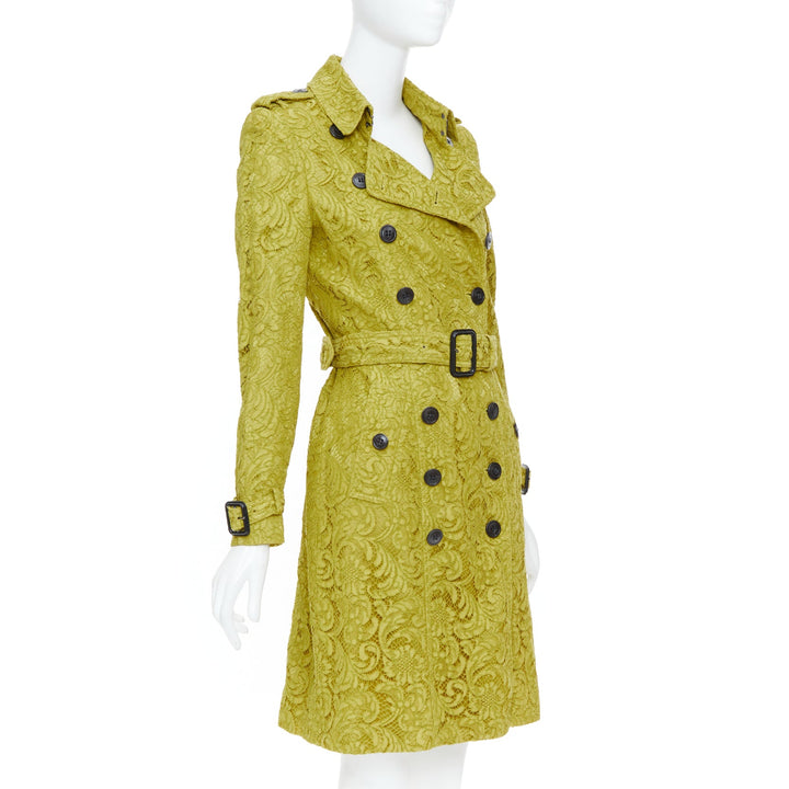 BURBERRY 2013 chartreuse mustard lime macrame lace double breasted trench UK6 XS