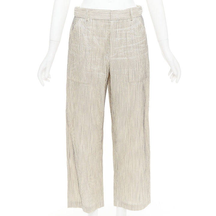 CHRISTIAN DIOR beige navy silk cotton striped cropped wide pants FR36 S