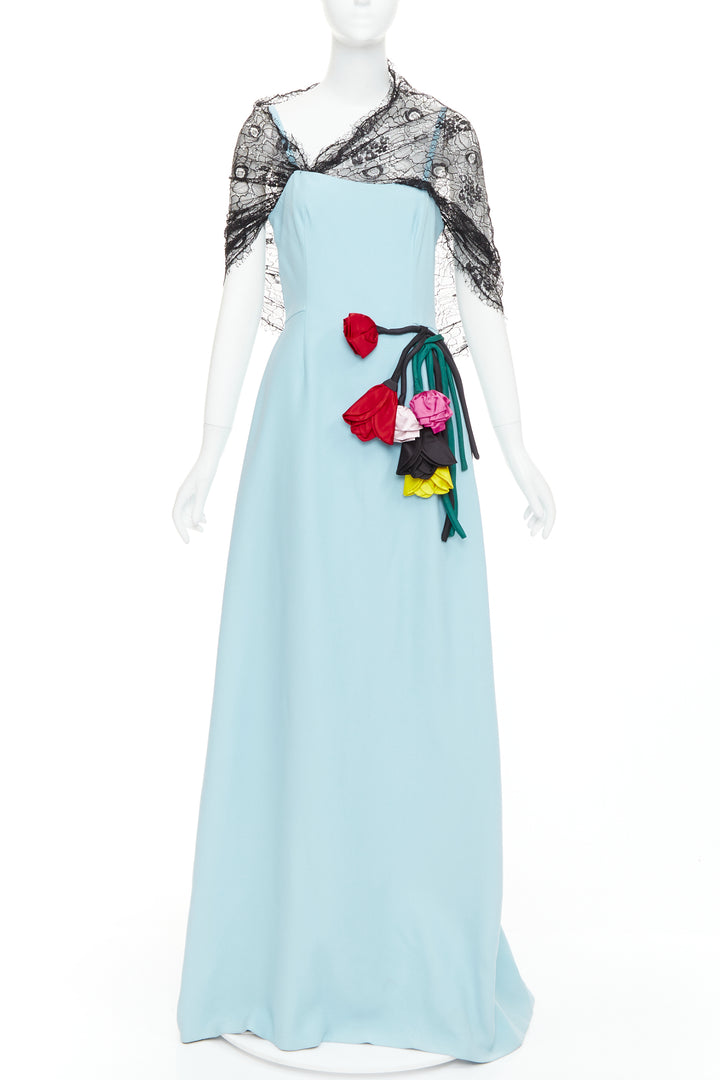 PRADA 2019  light blue black draped lace floral bouquet applique gown IT42 M