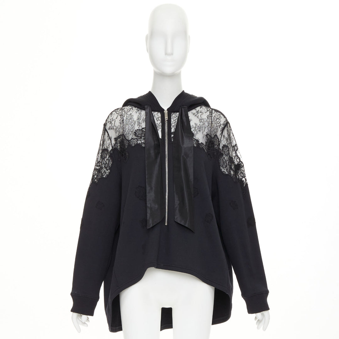 VALENTINO black cotton sheer floral lace panel floral applique half zip hoodie M