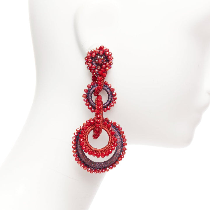 BIBI MARINI red fabric beads applique multi hoop clip on earrings pair