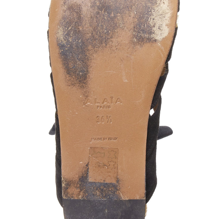 ALAIA black suede leopard pony hair wrap tie lace up gladiator sandals EU36.5