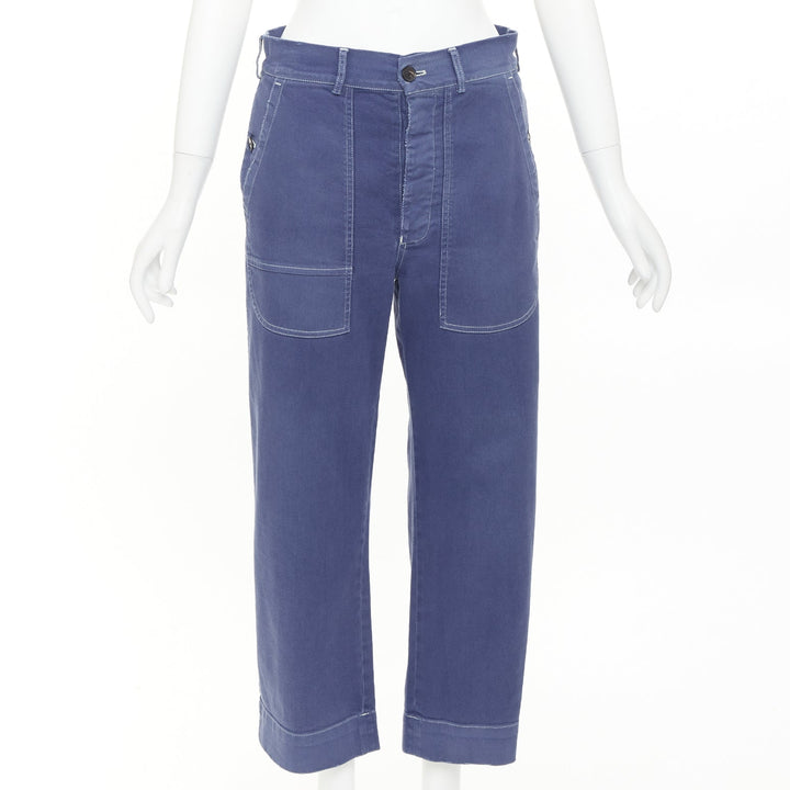 DIOR blue cotton whtie stitch palm print back utility cargo pants FR36 S