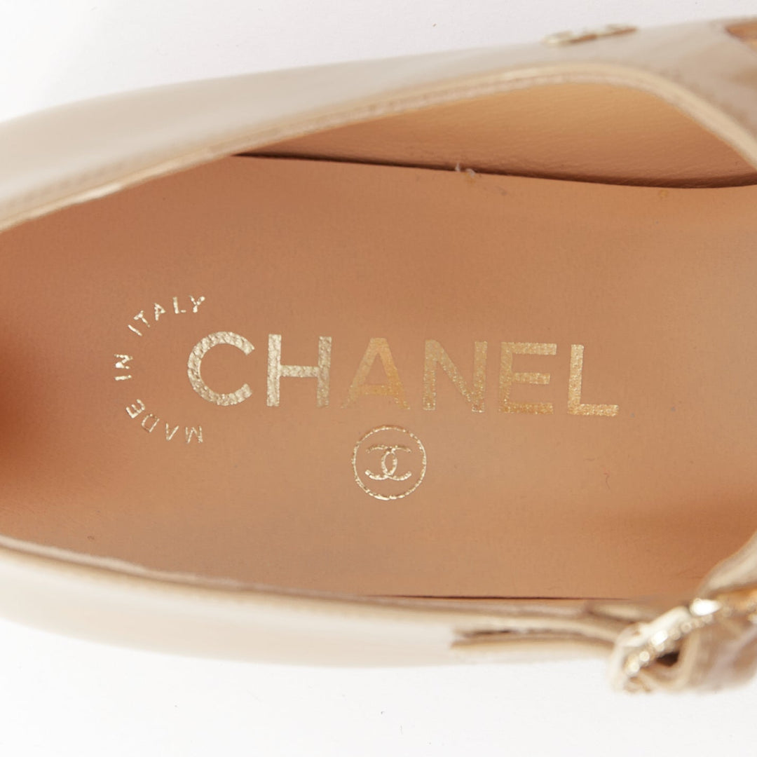 CHANEL 2024 beige leather black cap toe CC block heel mary jane flats EU39.5