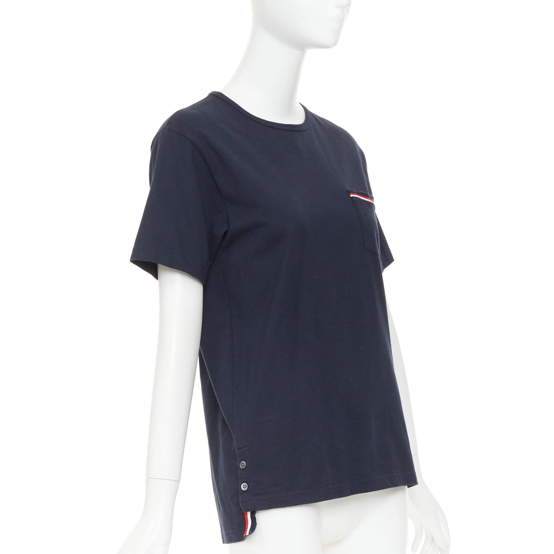 THOM BROWNE 2022 navy cotton RWB stripe trim short sleeve pocket tshirt Sz1 S