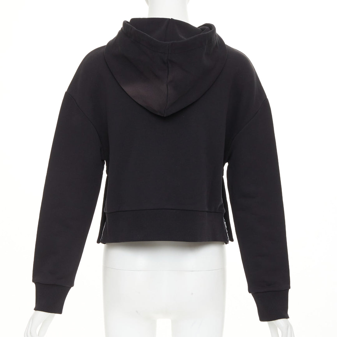 BALMAIN black cotton white flocked felt logo print side split fleece hoodie XS