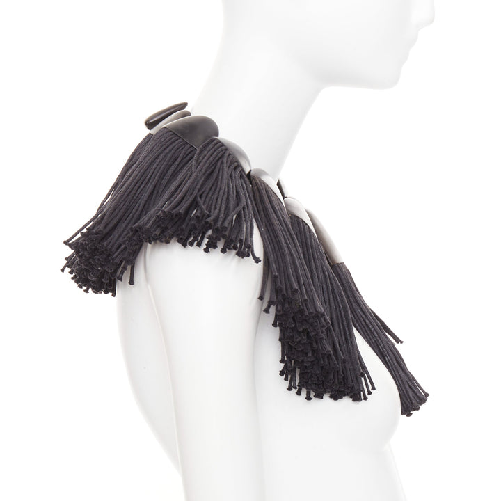 MONIES hand carved ebony wood panel fabric fringe radial statement bib necklace